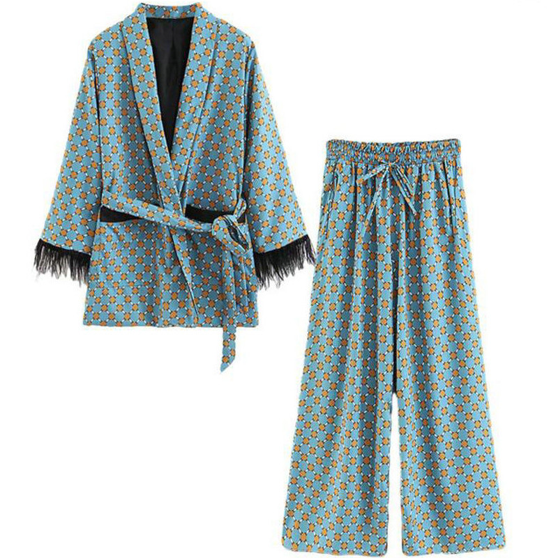 블루 프린트 기모노 자켓 깃털 소매 와이드 레그 루즈 캐주얼 바지 여성 빈티지 의류 정장, 2021 신제품 입고